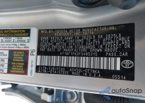 2015 Toyota Camry Le from USA, damaged, VIN 4T1BF1FKXFU485315